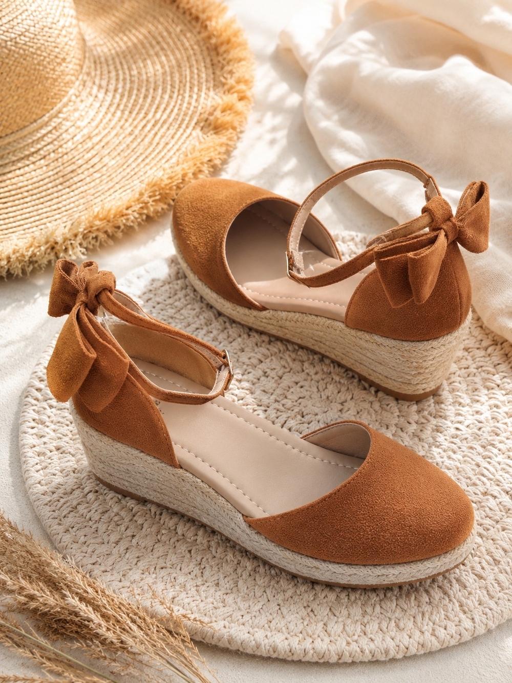 NWOT Camel Espadrille Wedge Sandals Bow Ankle Strap Sz 6.5 NIB